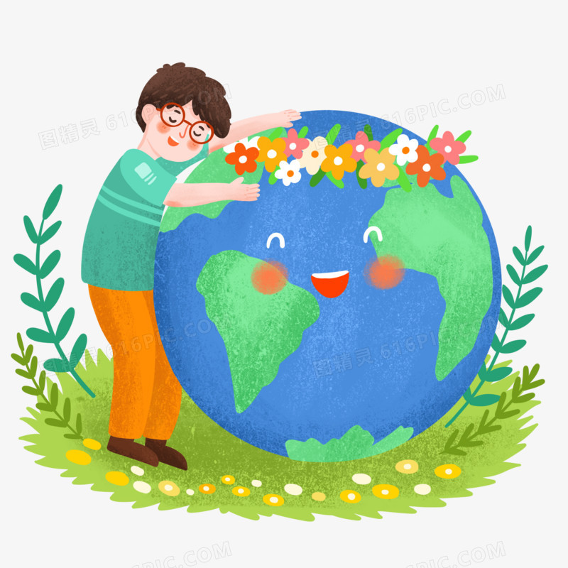 手绘卡通男孩拥抱地球插画免抠元素