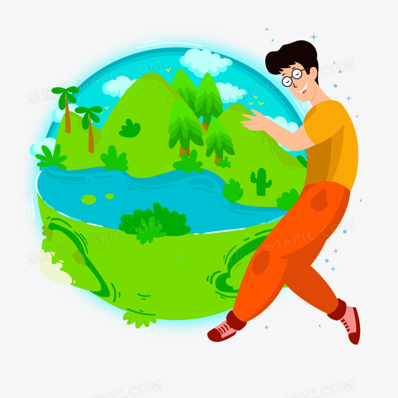 手绘卡通男孩拥抱地球免抠素材