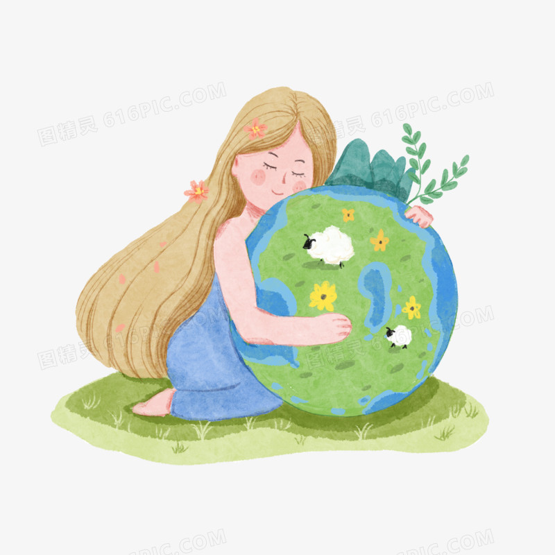 卡通手绘女孩拥抱地球素材