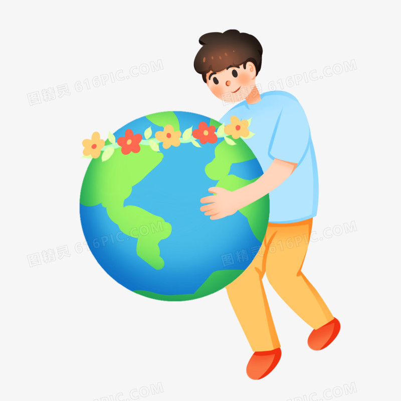 手绘卡通男生拥抱地球免抠素材