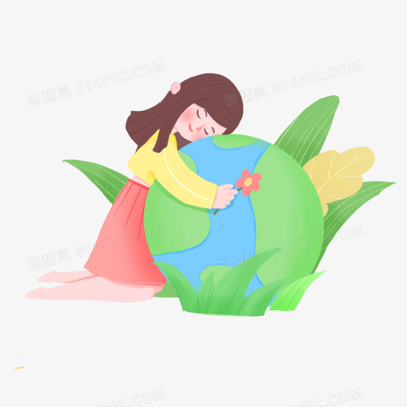 手绘卡通女孩拥抱地球素材