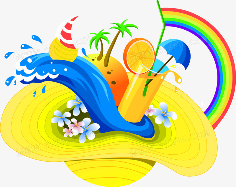 黄色帽子里装有海浪椰树果汁的海报素材设计
