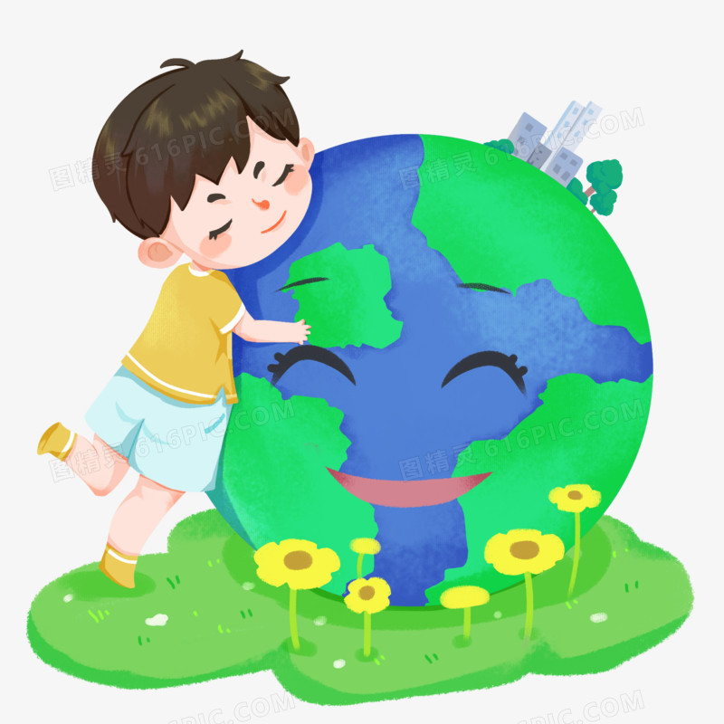手绘插画风小男孩拥抱地球元素