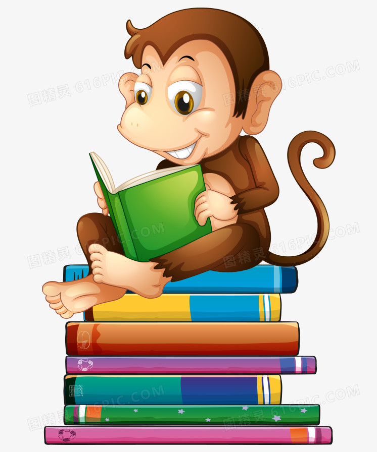 卡通手绘坐书籍上看书猴子