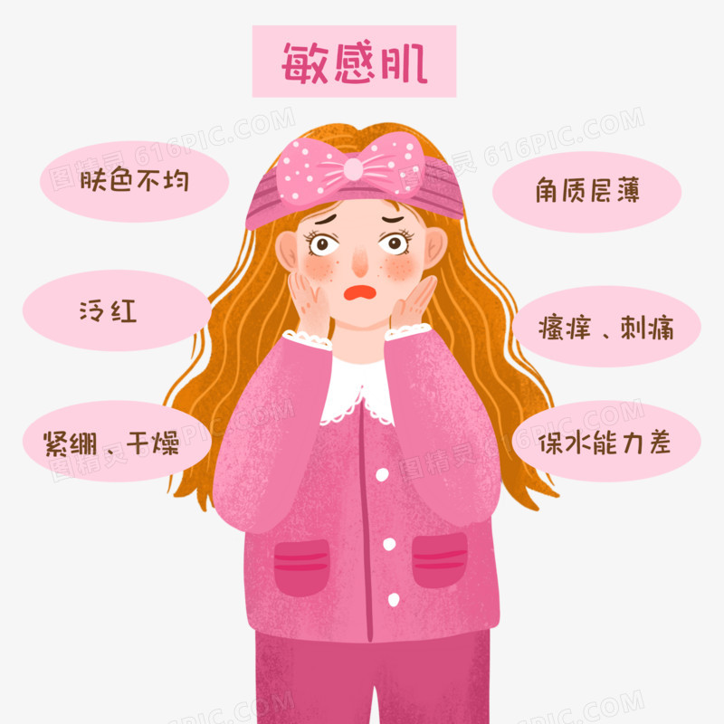 手绘卡通女性脸部敏感肌插画免抠元素