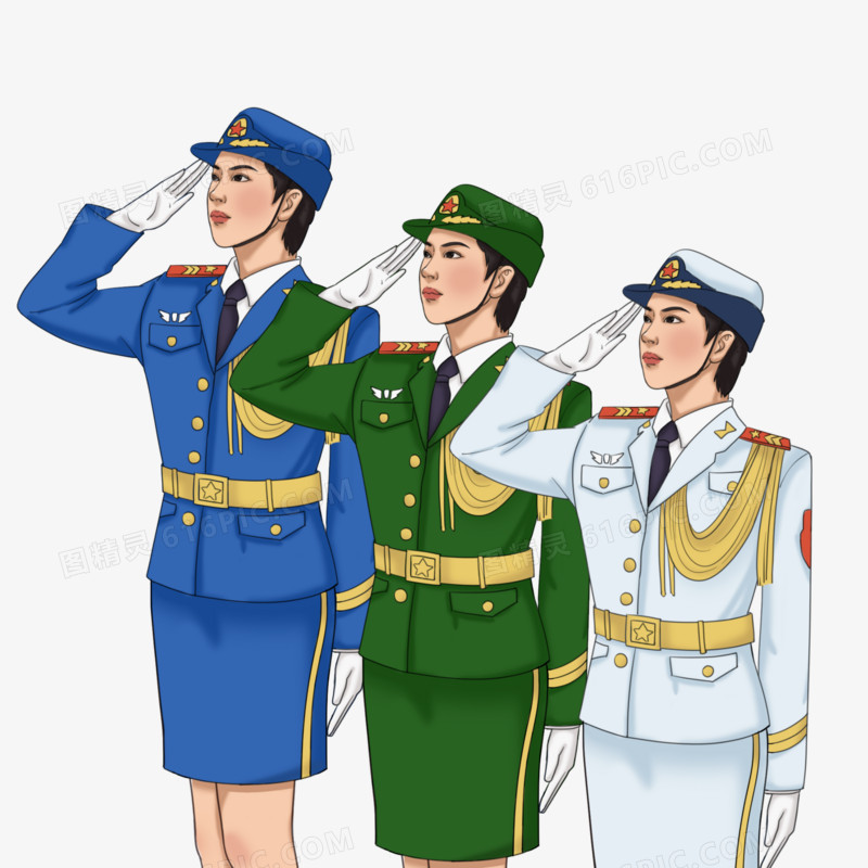 手绘描边写实风海军陆军空军三军女军敬礼半身像元素