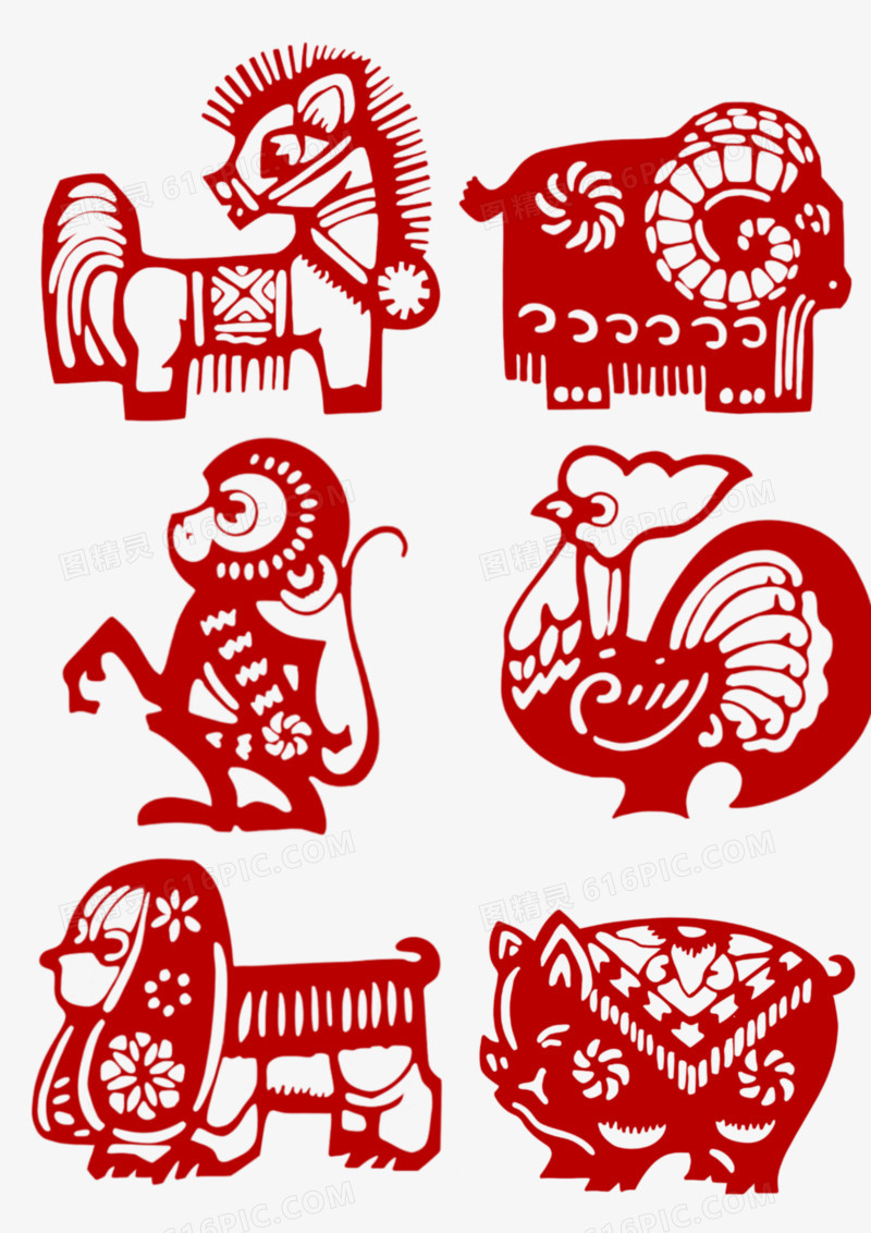 一组手绘十二生肖剪纸风生肖动物免抠元素