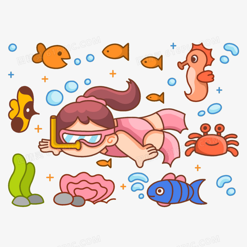 卡通潜水的小女孩和海洋生物素材