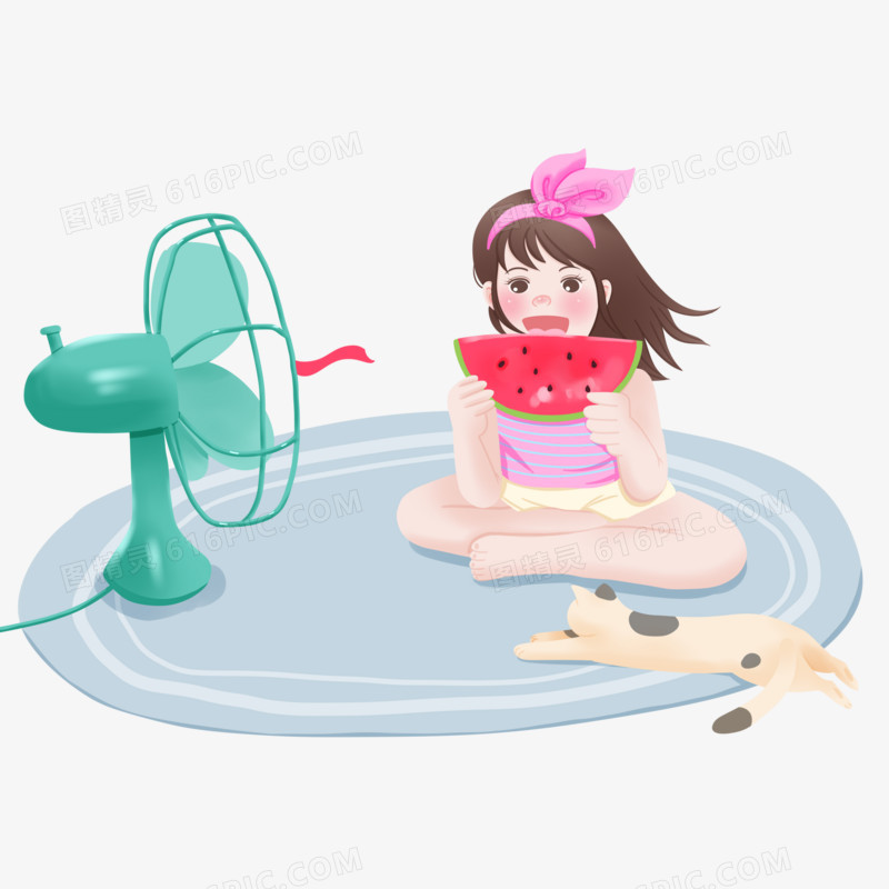 手绘插画风暑假小女孩边吹电扇边吃西瓜元素