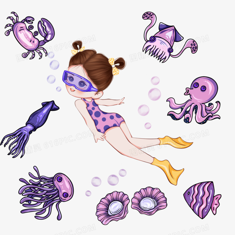 卡通紫色调潜水的女孩和海底生物一起玩耍插画素材