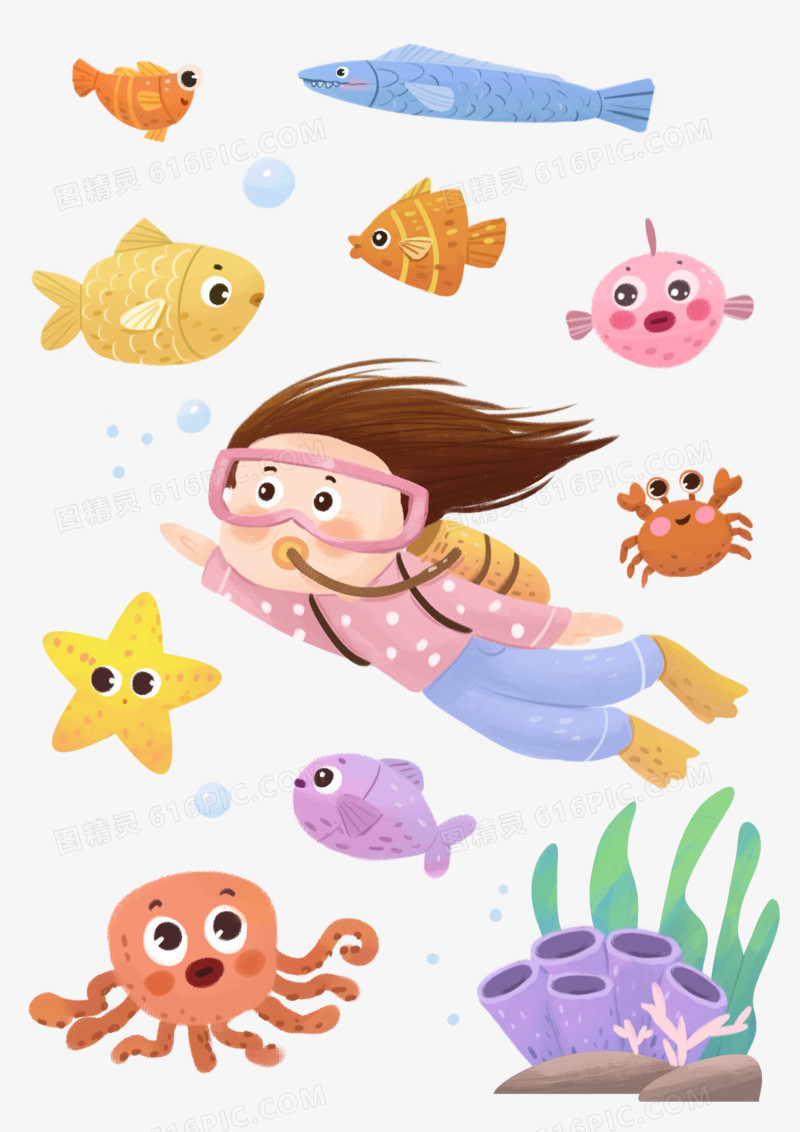 手绘儿插风潜水的女孩与海洋生物元素
