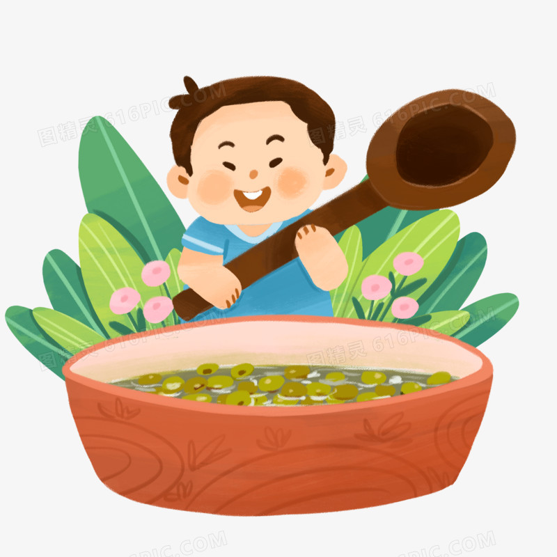 卡通男孩创意喝绿豆汤素材