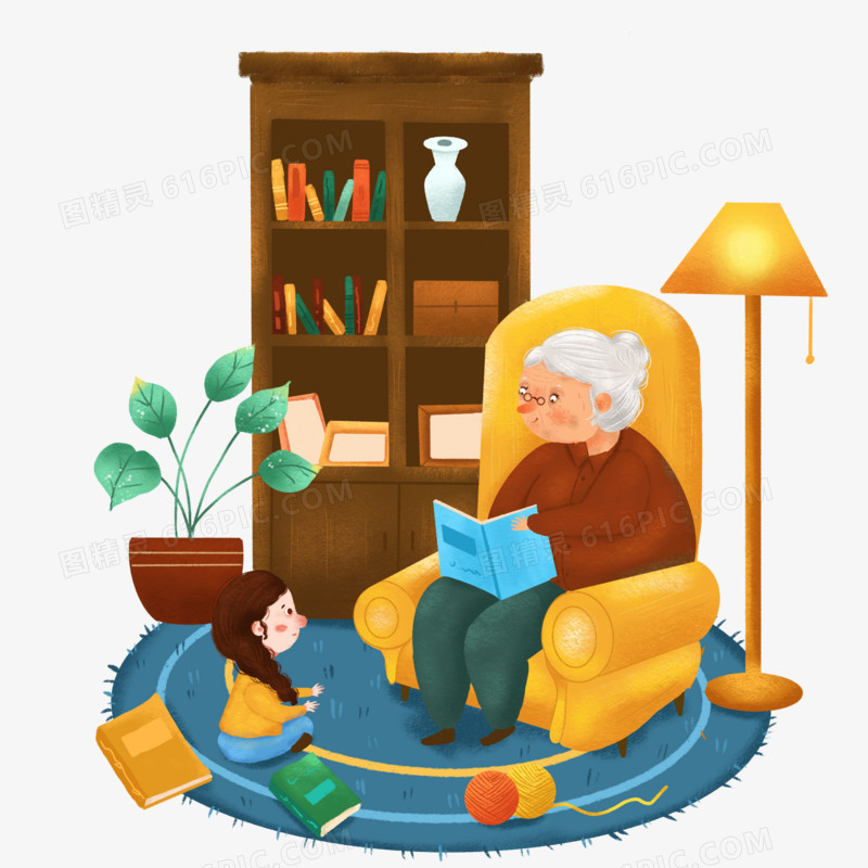 手绘插画风奶奶给小女孩读故事书素材