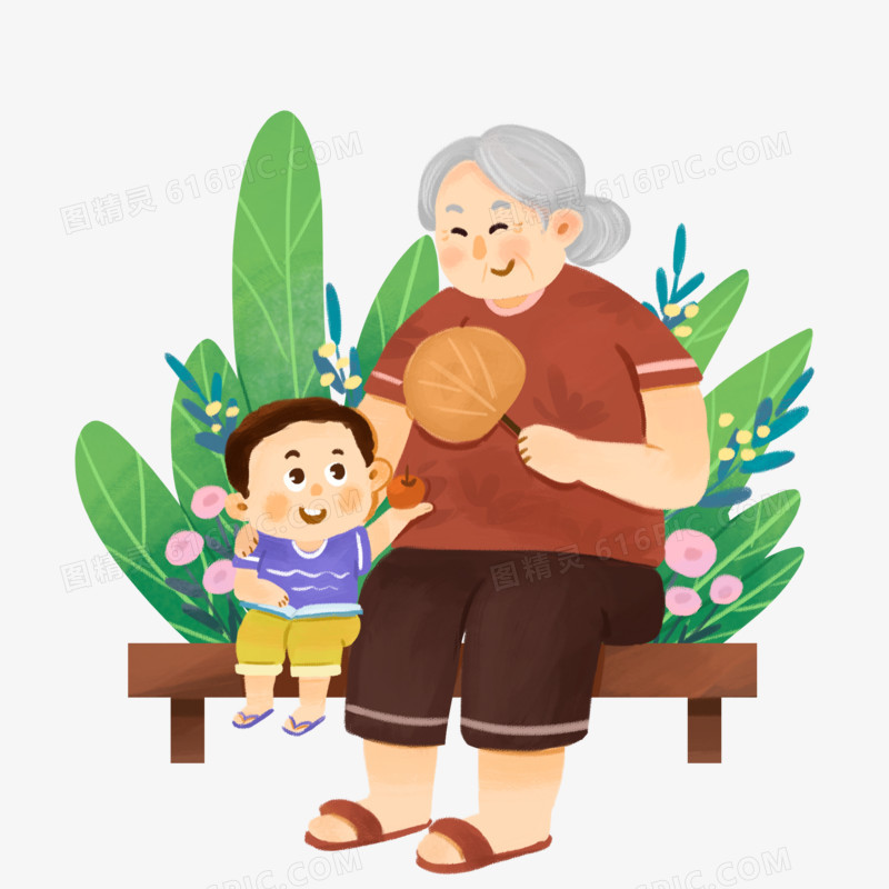 卡通奶奶和孙子讲故事温馨小场景元素