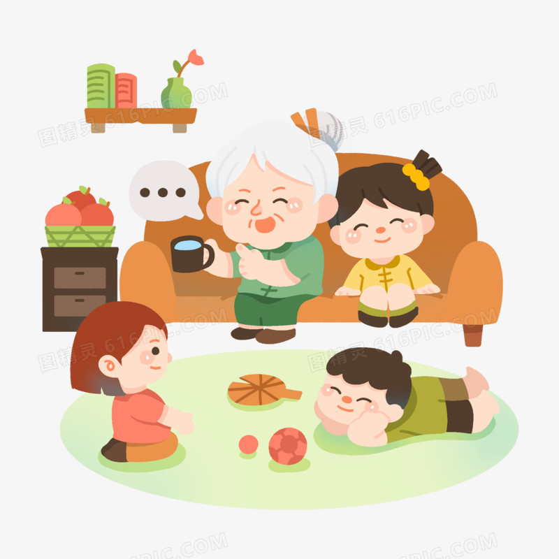 卡通奶奶跟小孩子讲故事插画元素