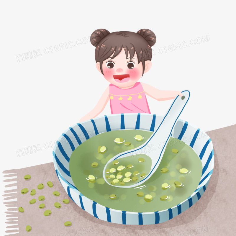 手绘插画风女孩喝绿豆汤解暑元素