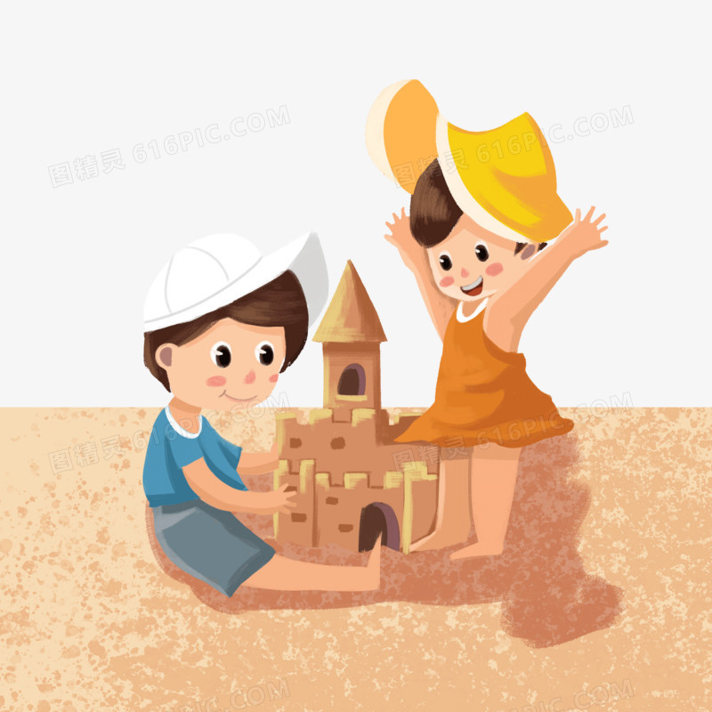 手绘插画风小孩玩沙子堆城堡免抠元素