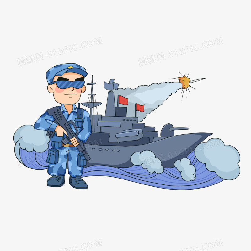 一组卡通线描风海陆空三军人物形象之海军元素