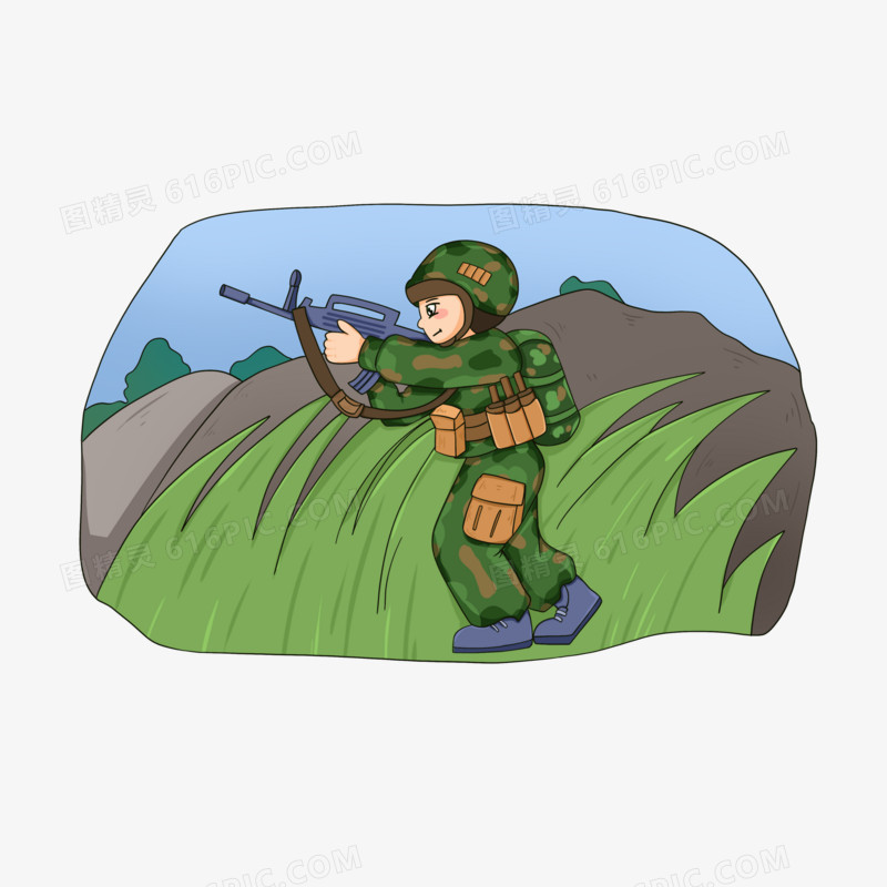 一组卡通线描风海陆空三军人物形象之作战演习元素