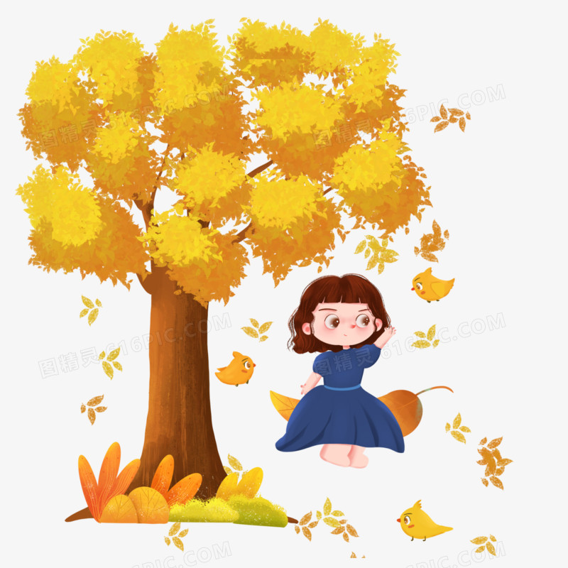 手绘女孩坐在落叶上免抠元素