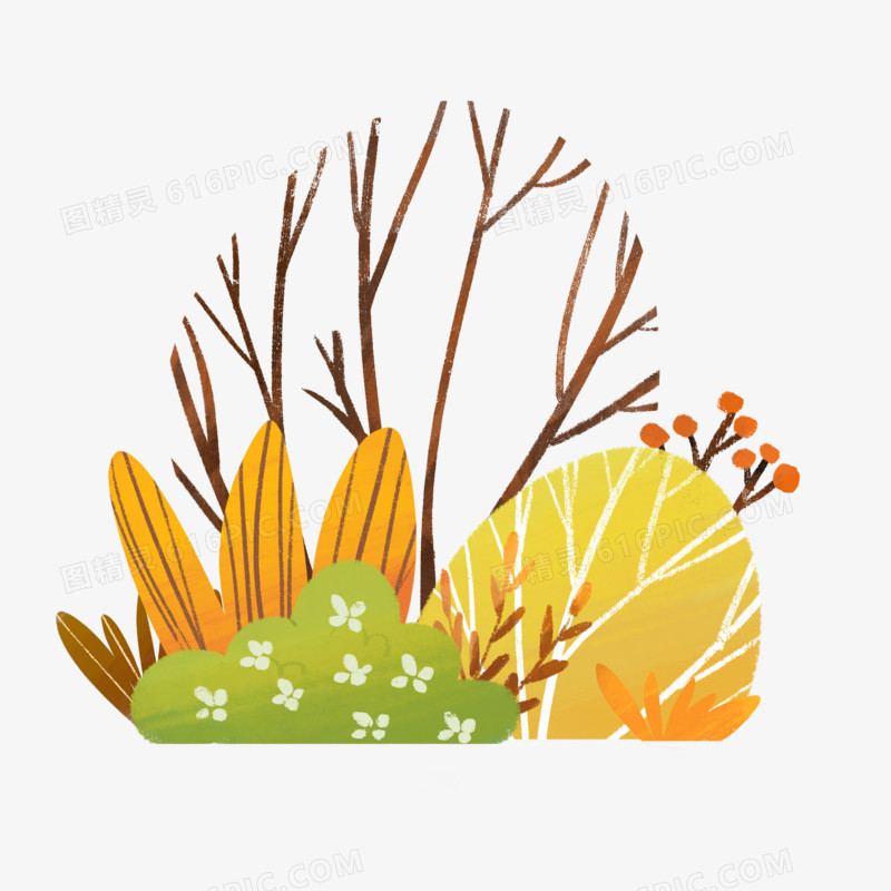 手绘水彩风秋天植物花丛元素