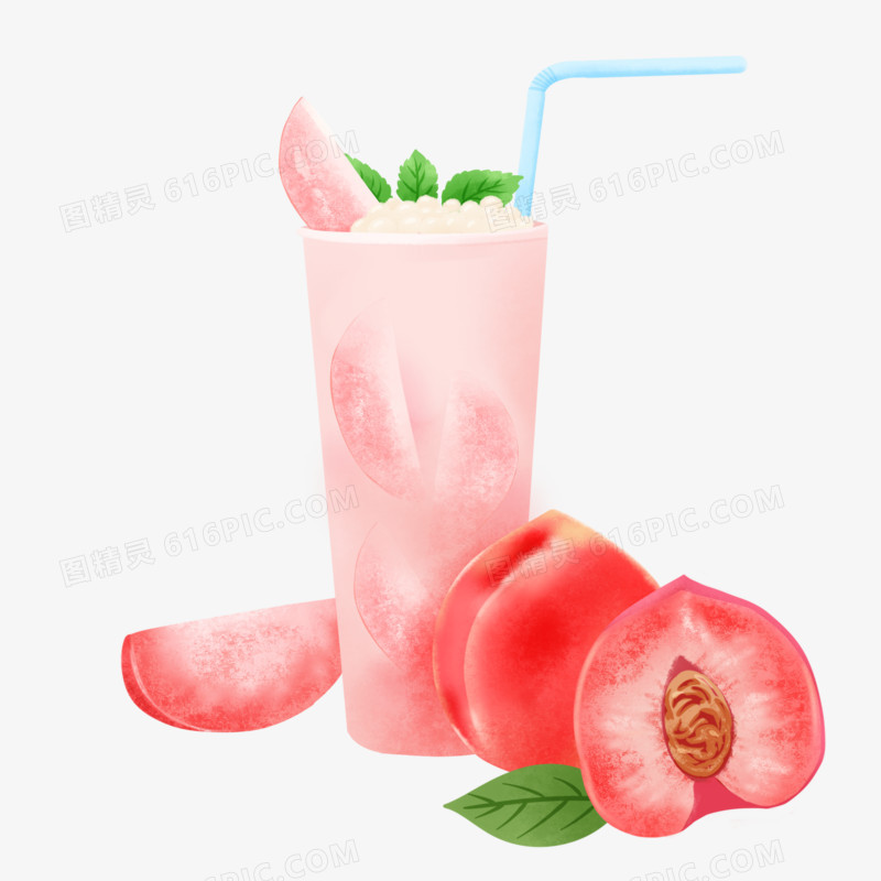 手绘水彩肌理桃子和水蜜桃果汁冰饮元素
