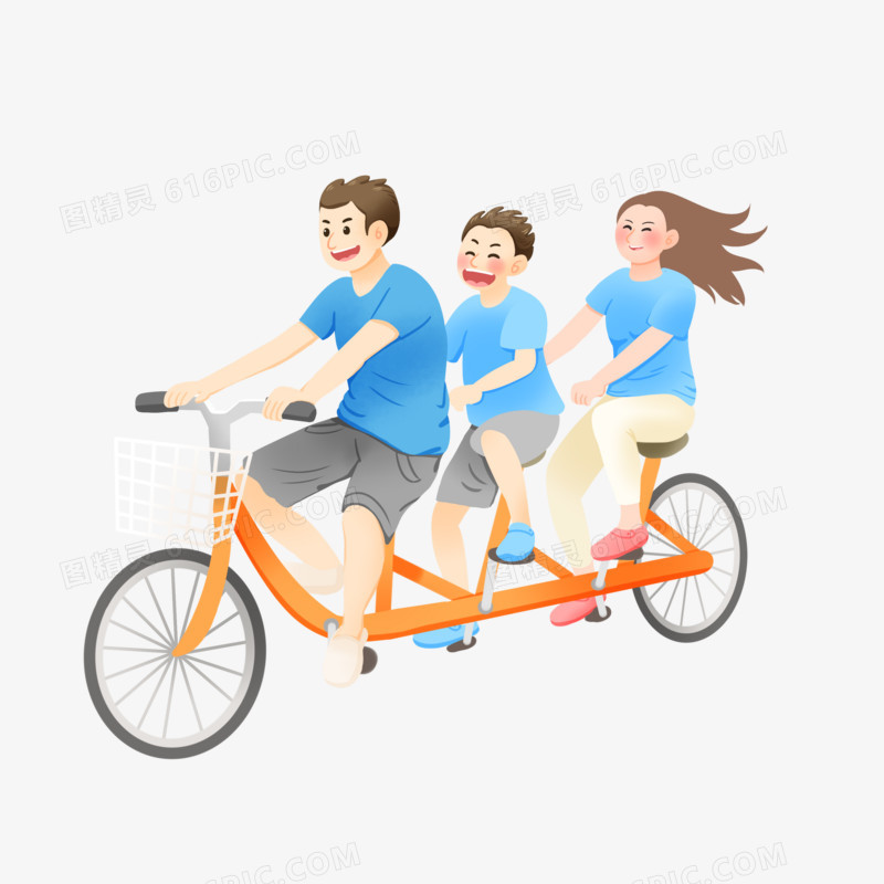 手绘一家人开心骑自行车出行游玩元素