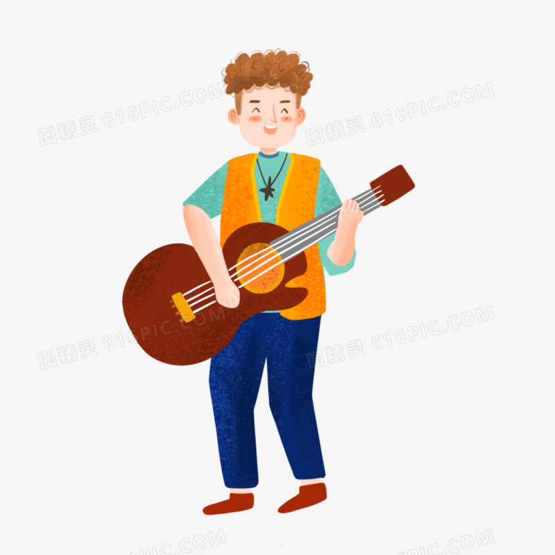 卡通手绘免抠弹吉他的男孩素材