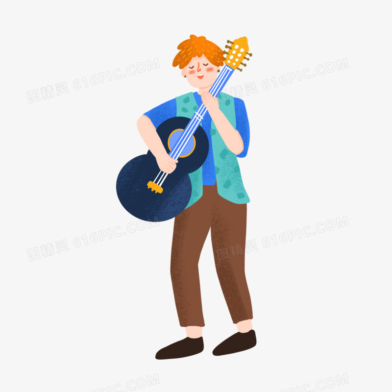 卡通手绘免抠弹吉他的男孩素材