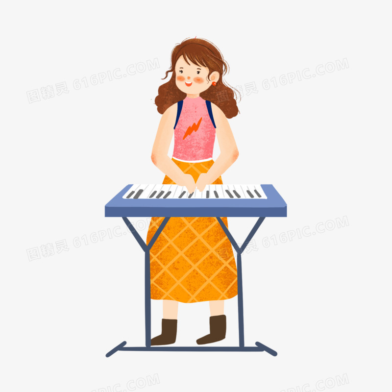 卡通手绘免抠弹钢琴的女孩素材