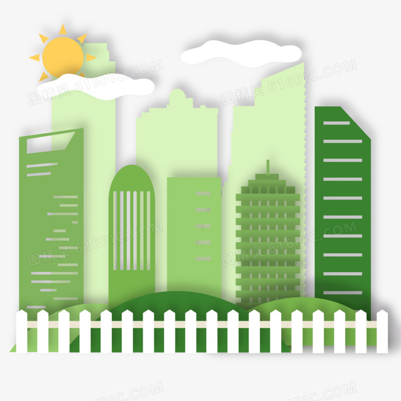 手绘剪纸风绿色城市建筑效果素材