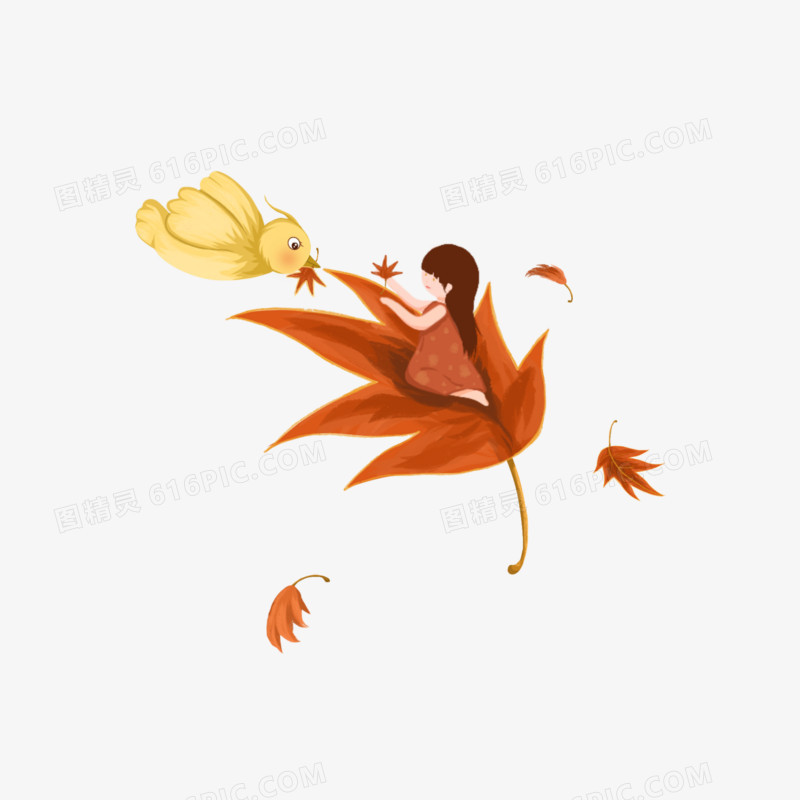 手绘插画风小女孩坐在落叶上跟小鸟打招呼元素