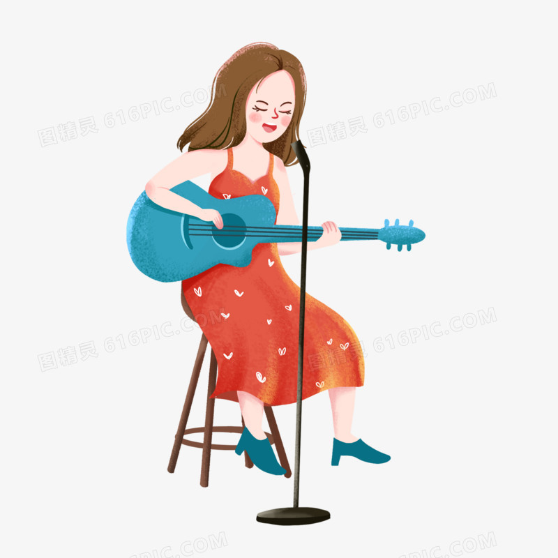卡通手绘免抠弹吉他唱歌的女元素