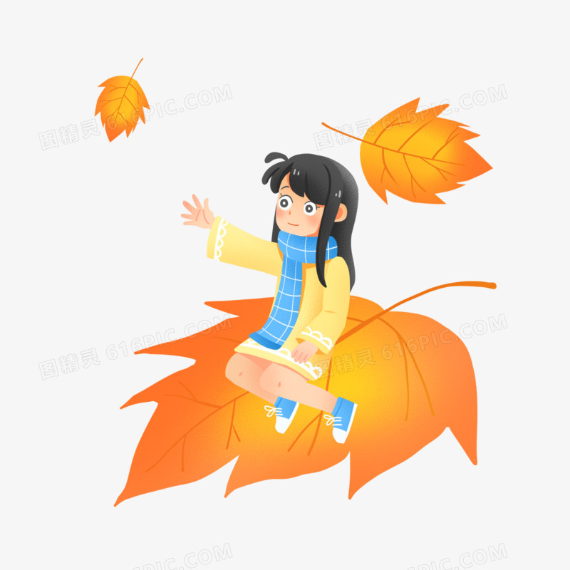 卡通手绘小女孩坐在树叶上捡树叶免抠元素
