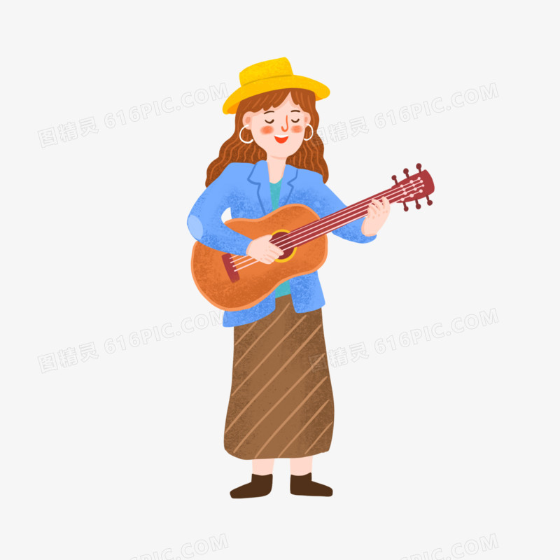 卡通手绘女孩子弹吉他免抠元素