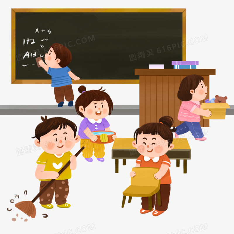 卡通一群学生打扫教室场景元素