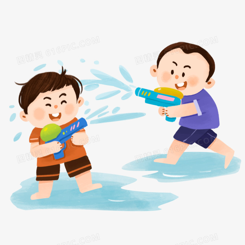 卡通夏天夏季小朋友一起打水仗元素