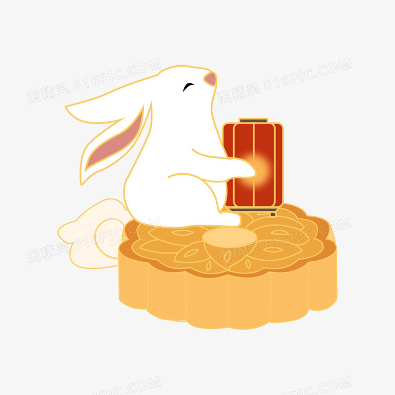 卡通扁平矢量免抠兔子抱着灯笼坐在月饼上素材