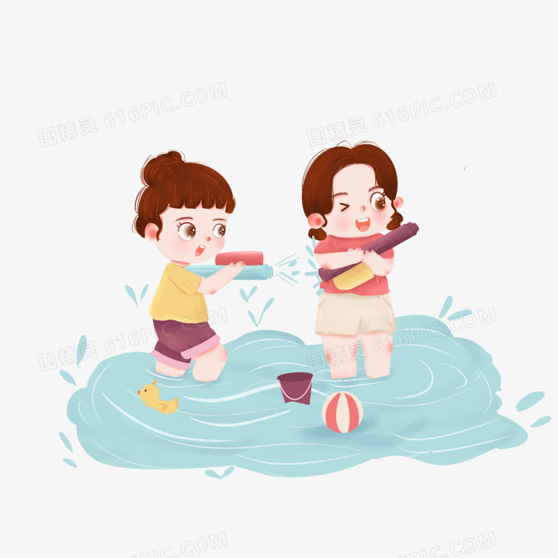 手绘卡通夏天小女孩儿们打水仗夏天场景素材