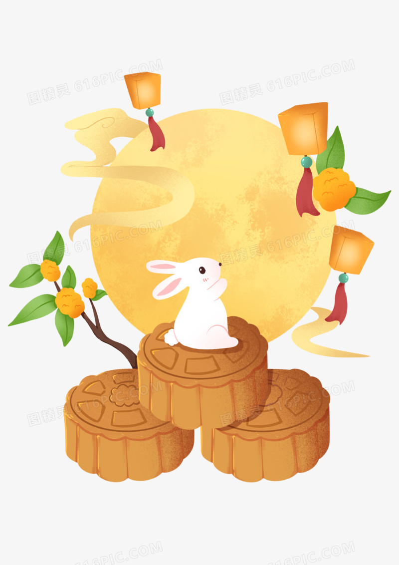 手绘兔子站在月饼上赏月创意插画元素