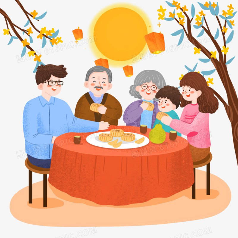 手绘卡通一家人团圆吃月饼场景免抠元素