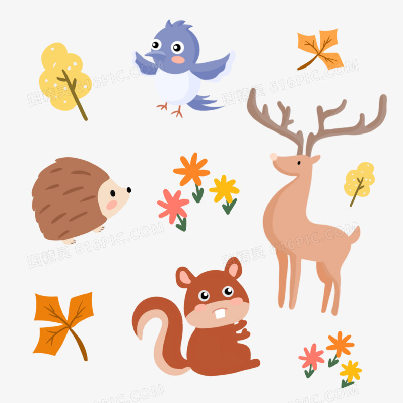 一组卡通手绘秋天动物套图合集素材