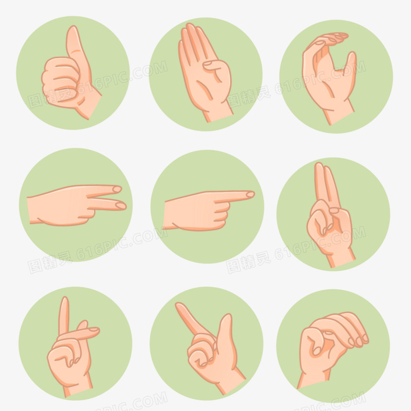 一组绿底手语手势图标套图素材