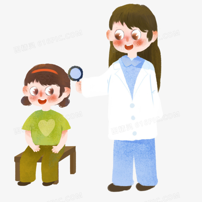 卡通手绘医生测试女孩听力元素