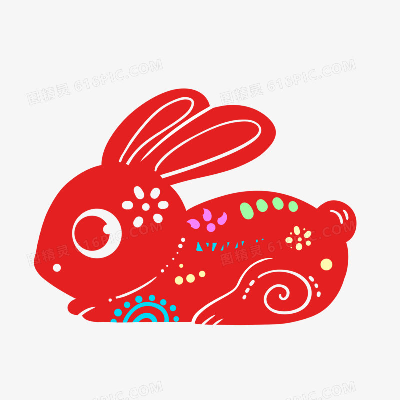 红色兔子剪纸彩色花纹元素