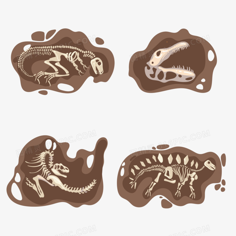 一组卡通矢量恐龙骨骼化石素材