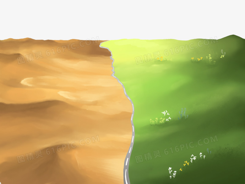 手绘沙漠与绿洲对比图免抠素材