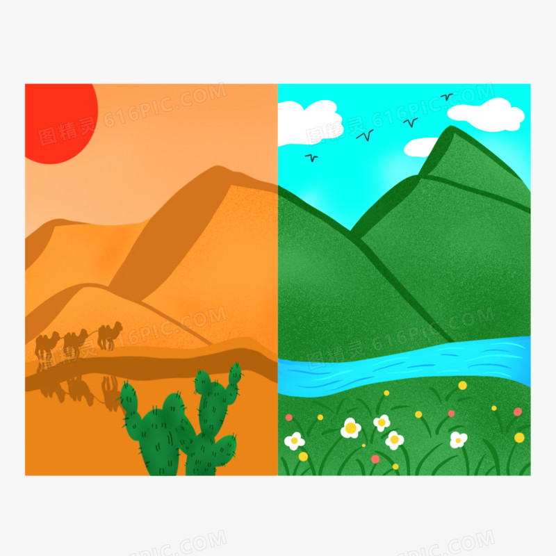 手绘沙漠和绿洲对比图元素