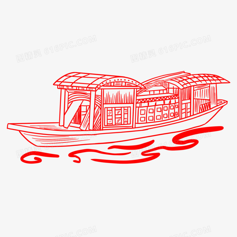 手绘线描红色南湖红船免抠元素