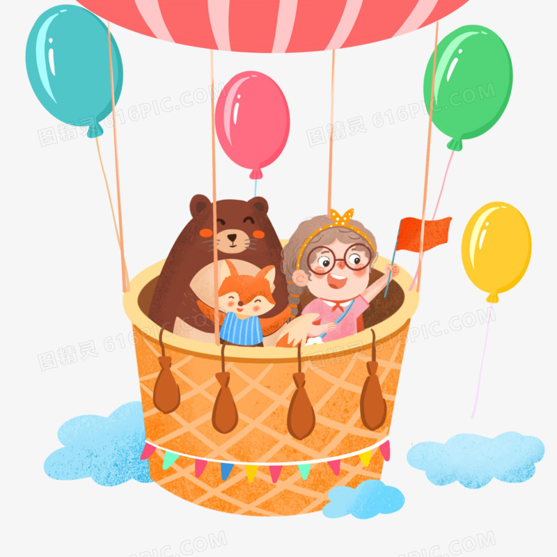 卡通小女孩跟小动物一起坐热气球场景元素